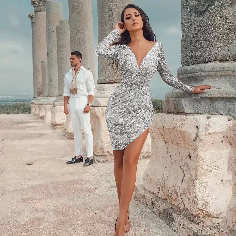 Women Sexy Deep V Long Sleeve Slim Irregular Hemline Party Sequin Dress - Image 5