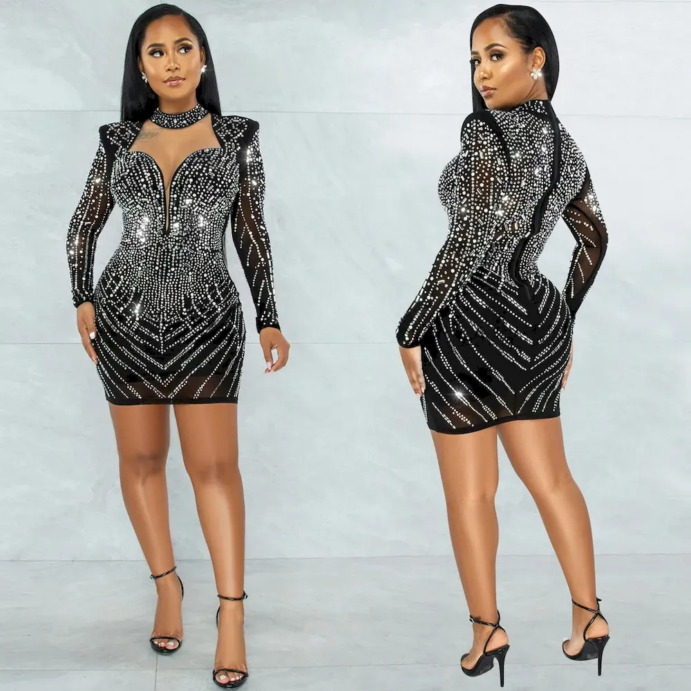 Fashion Sexy Deep V Nightclub Party Rhinestone Mesh See-Through Women Dress - Image 3