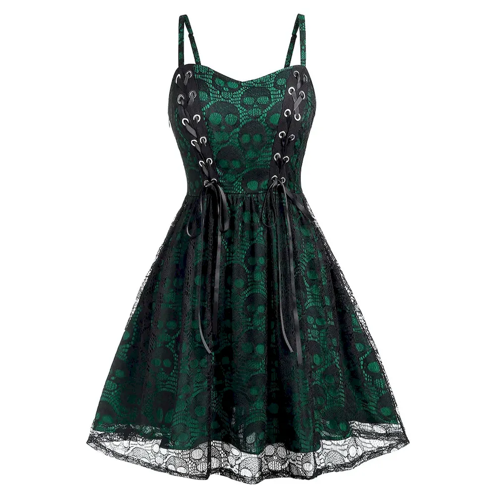 Women Vintage Gothic Lace Skull Print Strap Sling Dress - Image 4