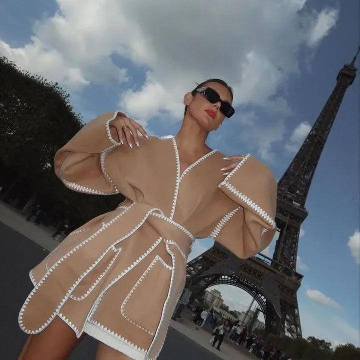 Autumn Winter Women Fashion V-Neck Cardigan Lace-Up Long Sleeve Coat - Image 3