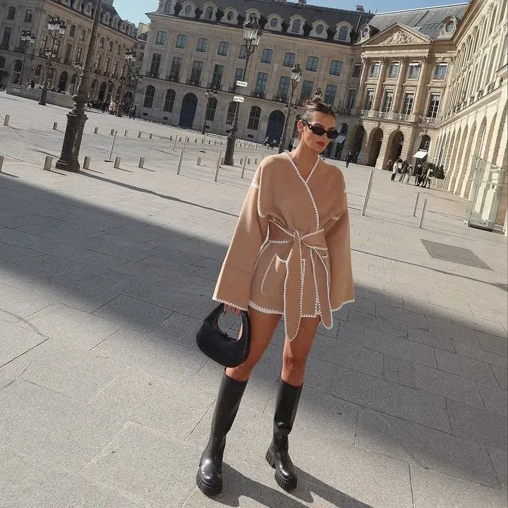 Autumn Winter Women Fashion V-Neck Cardigan Lace-Up Long Sleeve Coat - Image 4