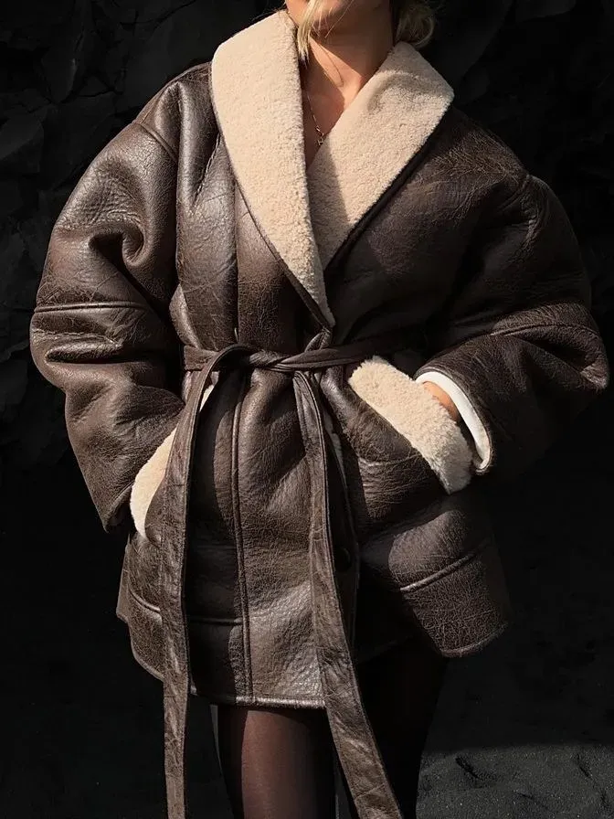 Autumn Winter Women Fashion Cashmere Leather Fur Collar Thickened Lace-Up Long Sleeve Jacket - Image 4