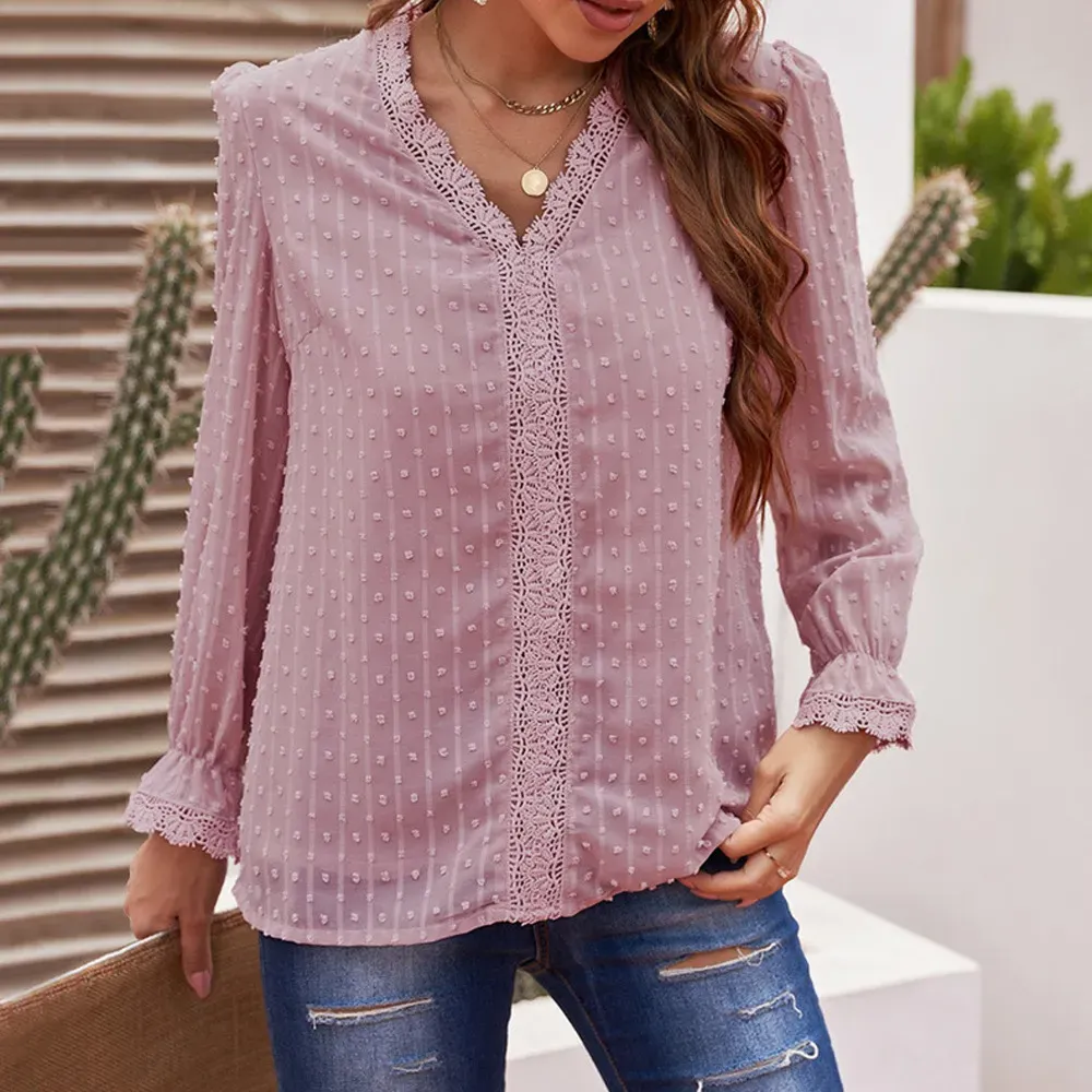Women Solid Color V-Neck Jacquard Embroidered Lace Loose Chiffon Blouse - Image 7