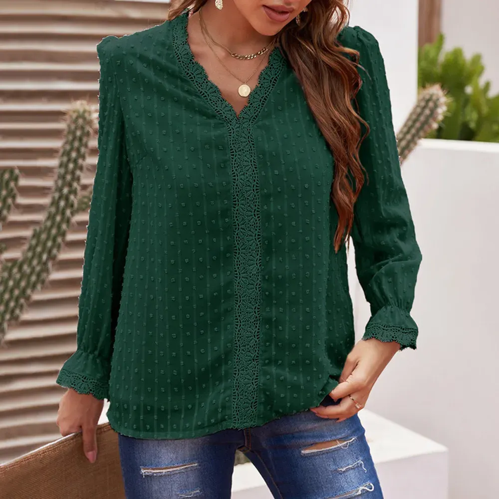Women Solid Color V-Neck Jacquard Embroidered Lace Loose Chiffon Blouse - Image 8