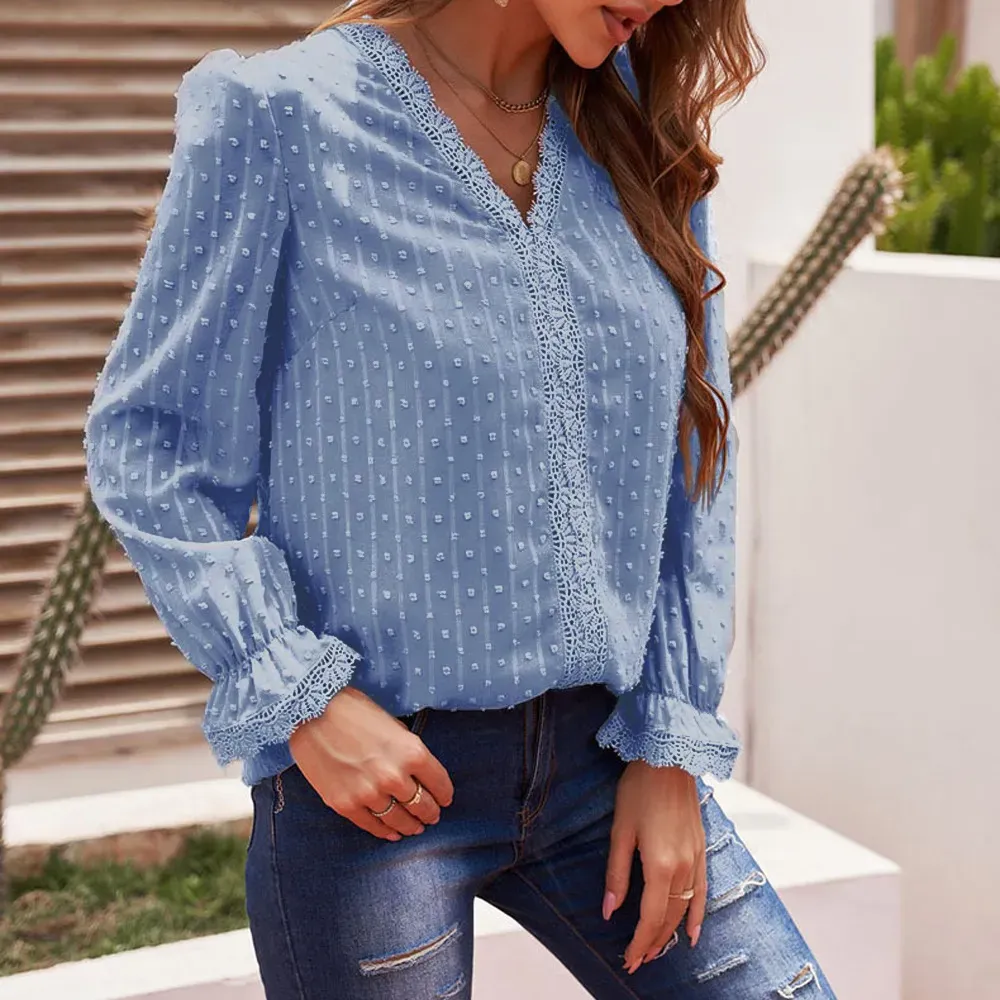 Women Solid Color V-Neck Jacquard Embroidered Lace Loose Chiffon Blouse - Image 10