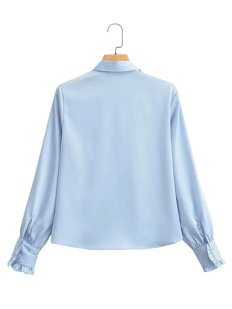 Women Elegant Summer Solid Lapel Ruffled Satin Long Sleeve Shirt Blouse - Image 3
