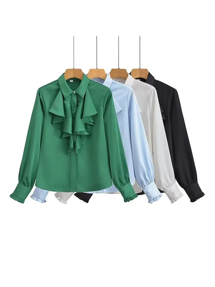 Women Elegant Summer Solid Lapel Ruffled Satin Long Sleeve Shirt Blouse - Image 5