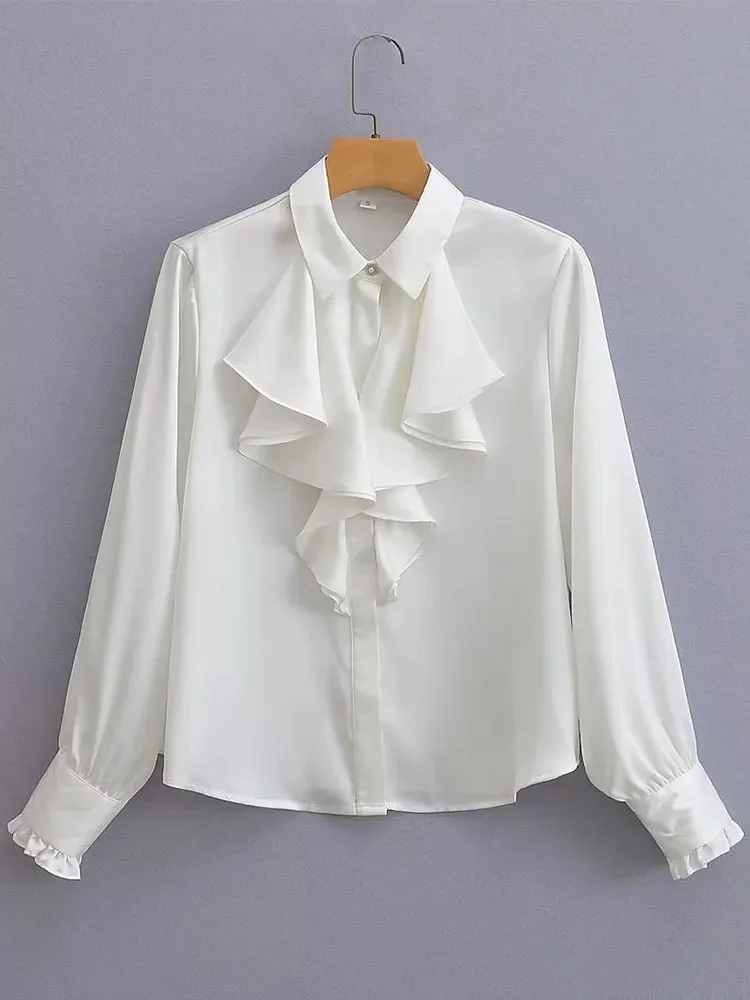 Women Elegant Summer Solid Lapel Ruffled Satin Long Sleeve Shirt Blouse - Image 7