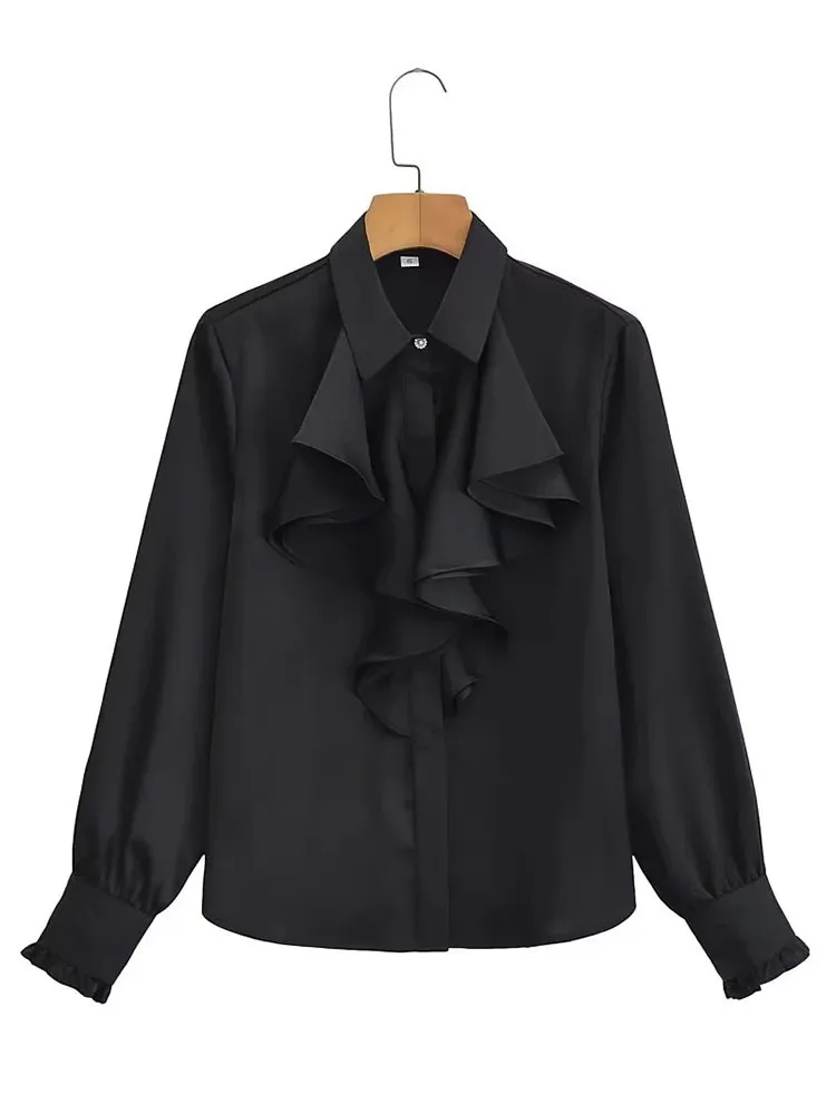 Women Elegant Summer Solid Lapel Ruffled Satin Long Sleeve Shirt Blouse - Image 8