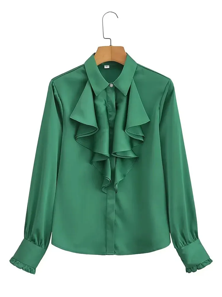 Women Elegant Summer Solid Lapel Ruffled Satin Long Sleeve Shirt Blouse - Image 9