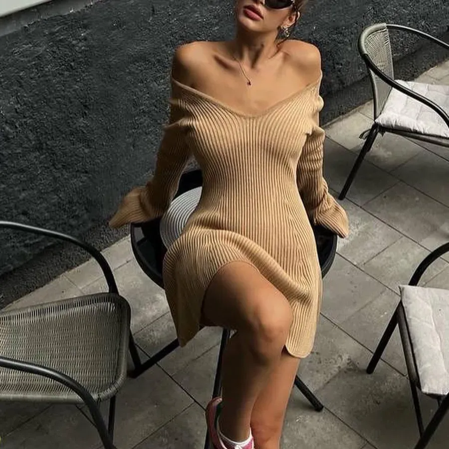 Autumn Winter Women Fashion Sexy Off Shoulder V-Neck Long Sleeve Knitted Dress - Image 4