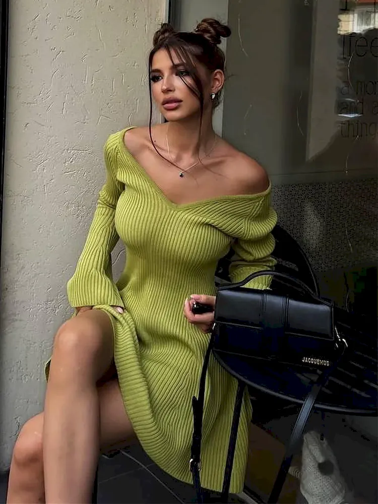 Autumn Winter Women Fashion Sexy Off Shoulder V-Neck Long Sleeve Knitted Dress - Image 6