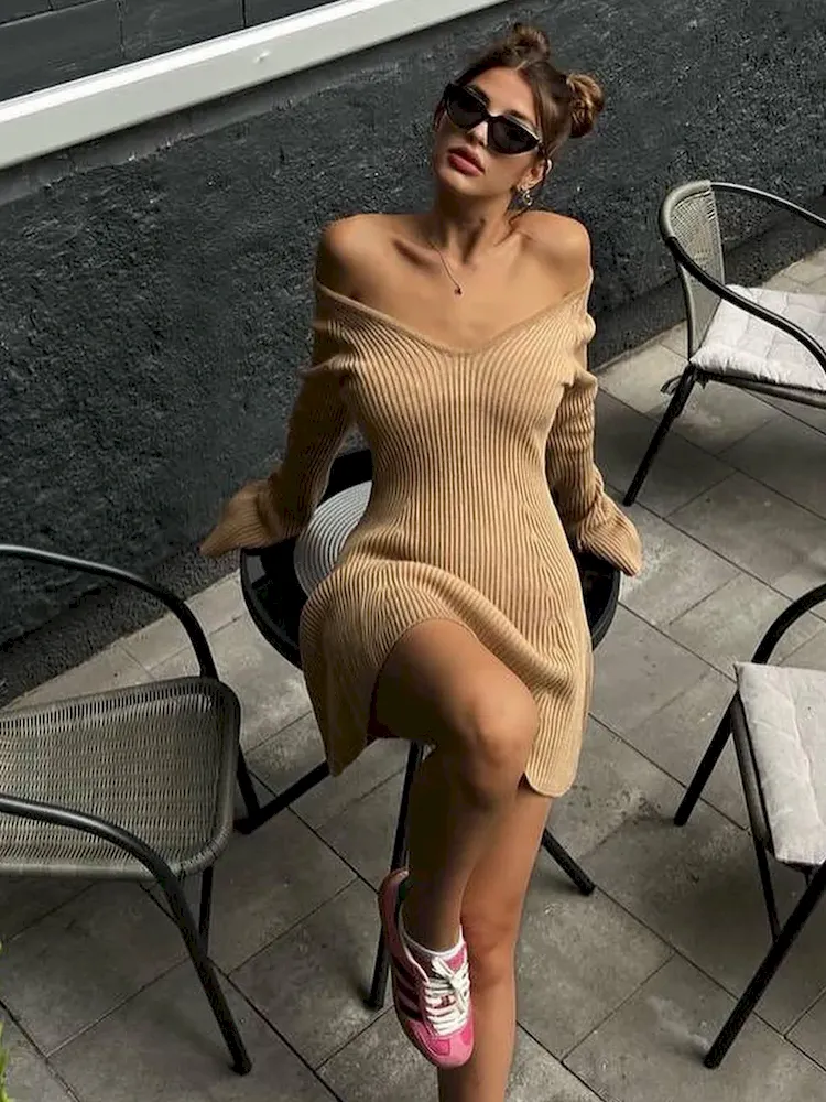 Autumn Winter Women Fashion Sexy Off Shoulder V-Neck Long Sleeve Knitted Dress - Image 8