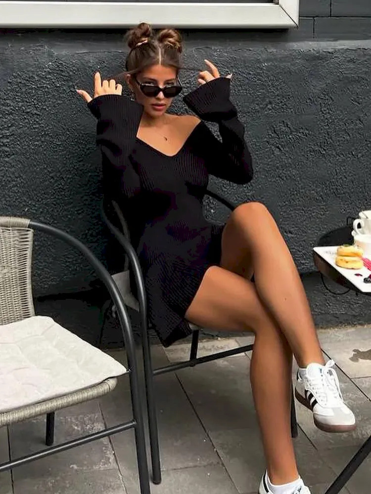 Autumn Winter Women Fashion Sexy Off Shoulder V-Neck Long Sleeve Knitted Dress - Image 9