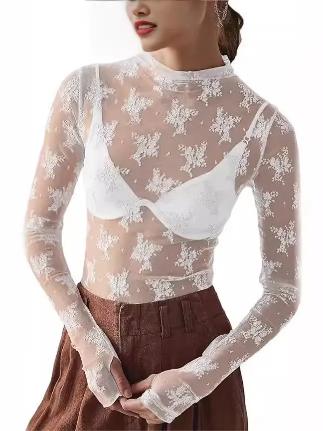 Women Fashion Sexy Lace Perspective Round Neck Long Sleeve Base Shirt - Image 4