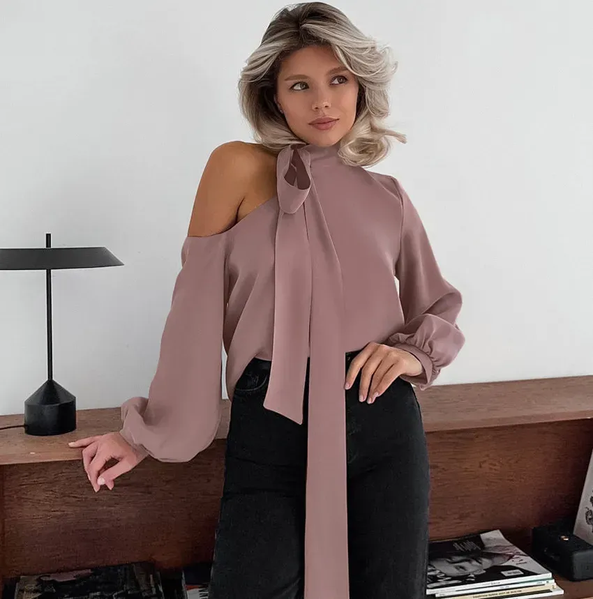 Women Fashion Shed Irregular Collar Long Sleeve Shirt - Image 5