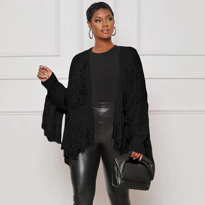 Autumn Winter Women Fashion Solid Color Knitted Tassel Jacket