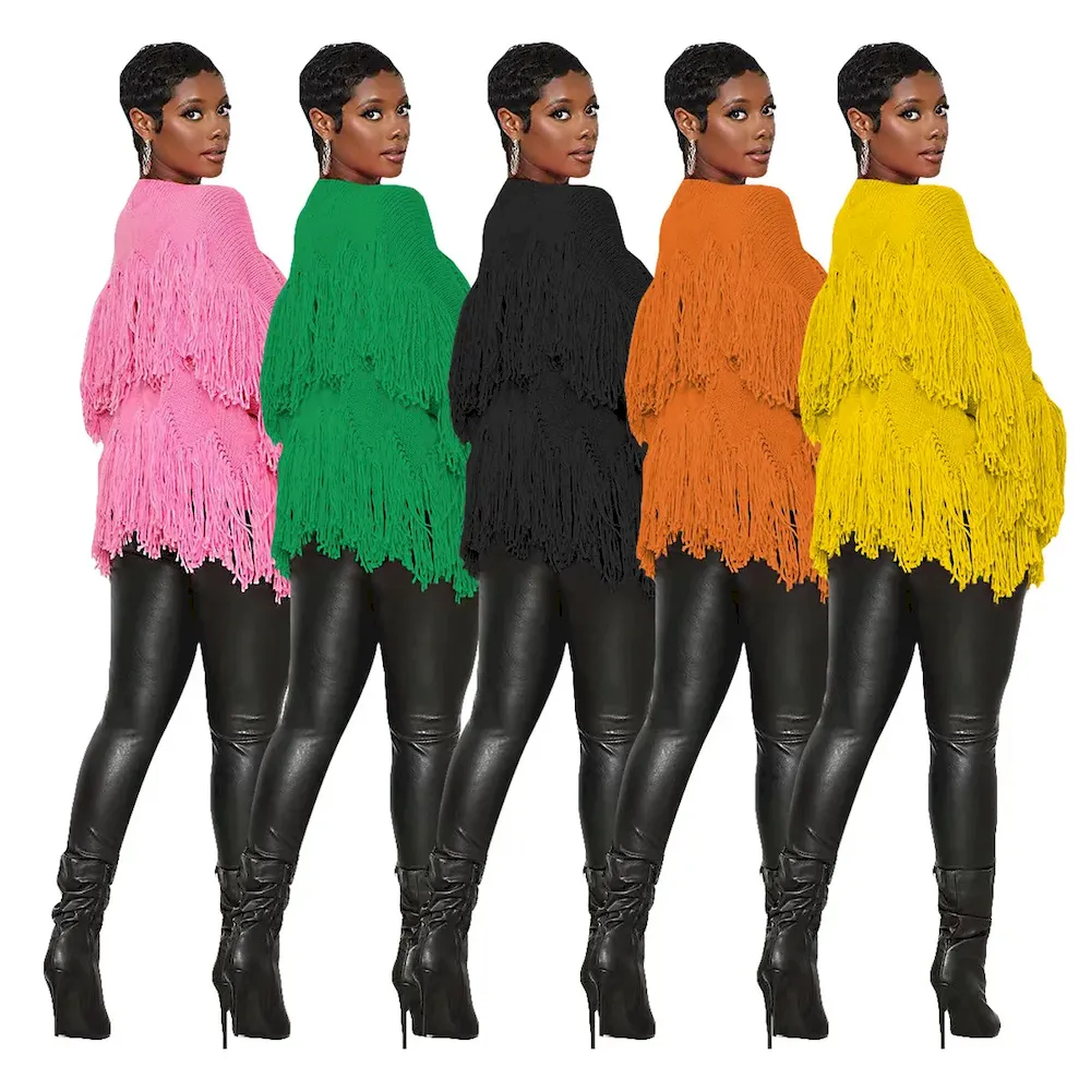 Autumn Winter Women Fashion Solid Color Knitted Tassel Jacket - Image 4