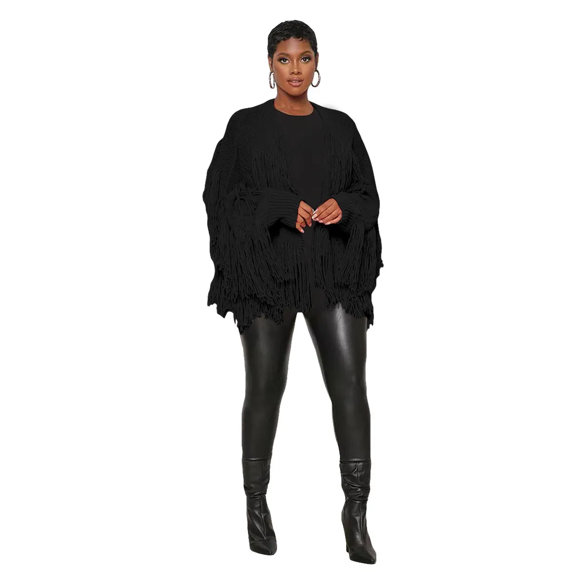 Autumn Winter Women Fashion Solid Color Knitted Tassel Jacket - Image 5