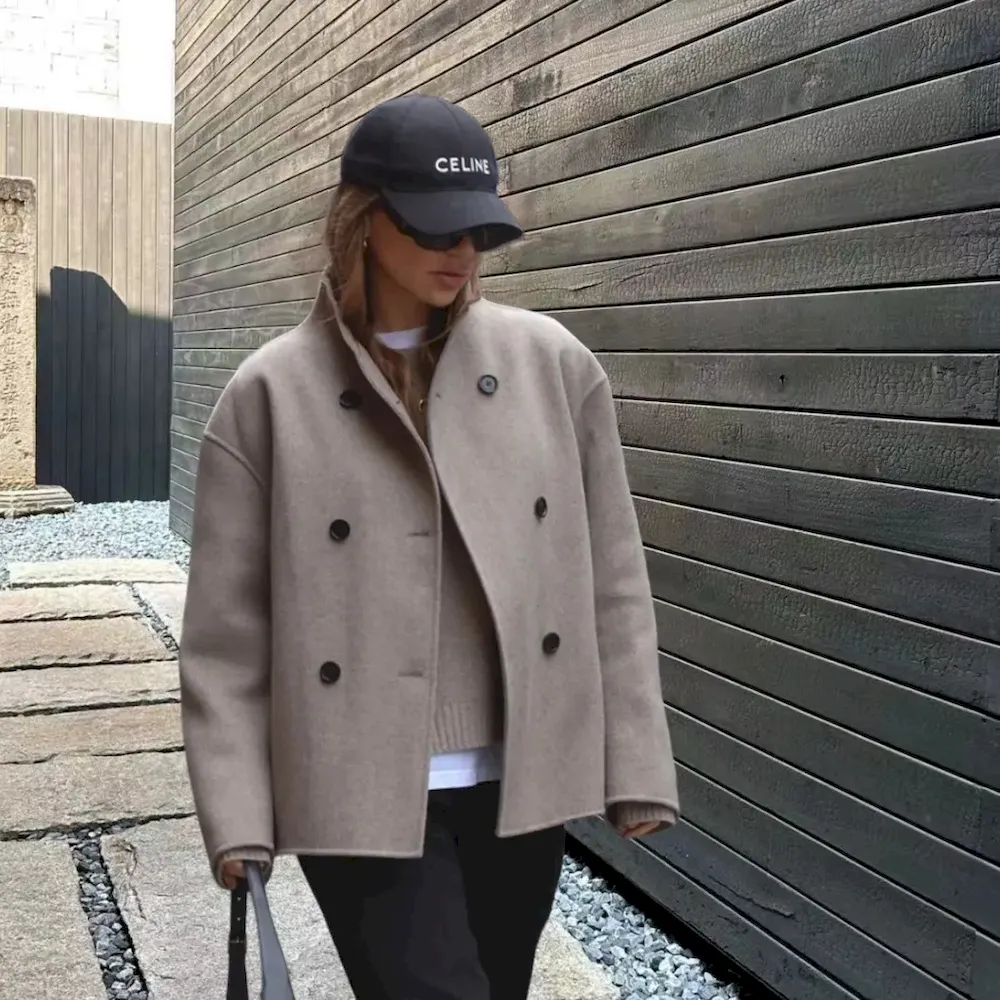 Women Fashion Solid Color Double-Breasted V-Neck Woolen Coat