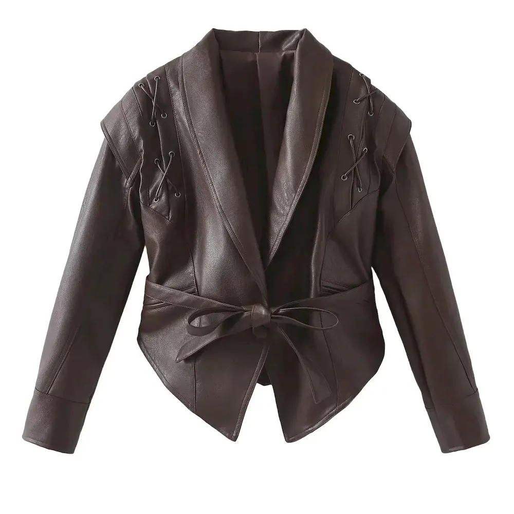 Women Vintage Faux Leather Lapel Long Sleeve Lace-Up Coat - Image 6