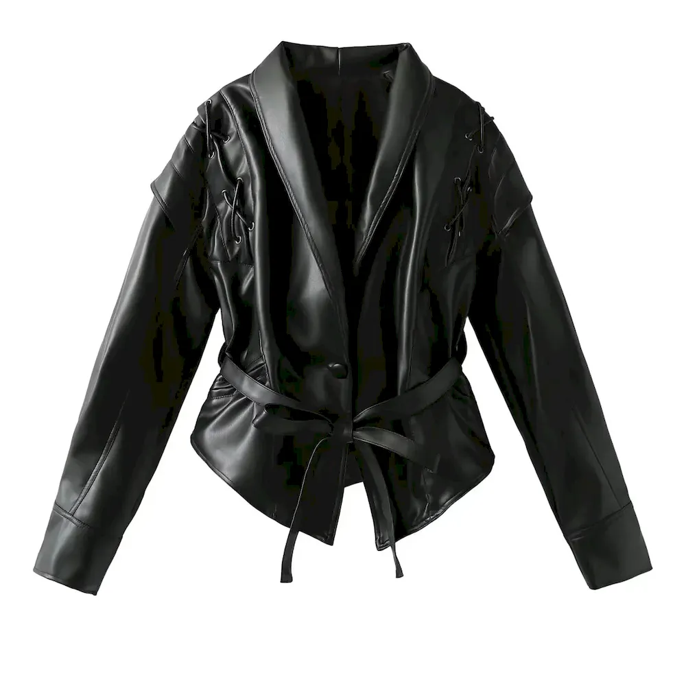 Women Vintage Faux Leather Lapel Long Sleeve Lace-Up Coat - Image 7