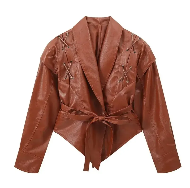 Women Vintage Faux Leather Lapel Long Sleeve Lace-Up Coat - Image 8