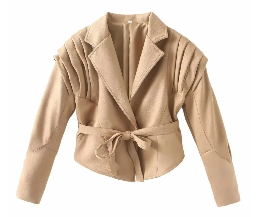 Women Vintage Faux Leather Lapel Long Sleeve Lace-Up Coat - Image 11