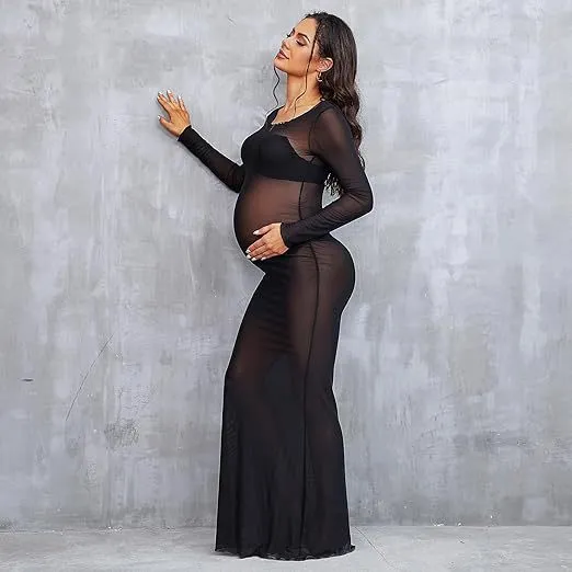 Pregnant Women Fashion Sexy High Stretch Mesh Perspective Round Neck Long Sleeve Dress - Image 5