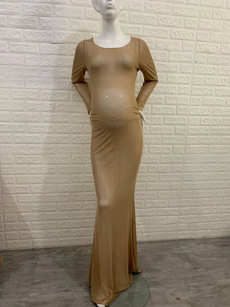 Pregnant Women Fashion Sexy High Stretch Mesh Perspective Round Neck Long Sleeve Dress - Image 6