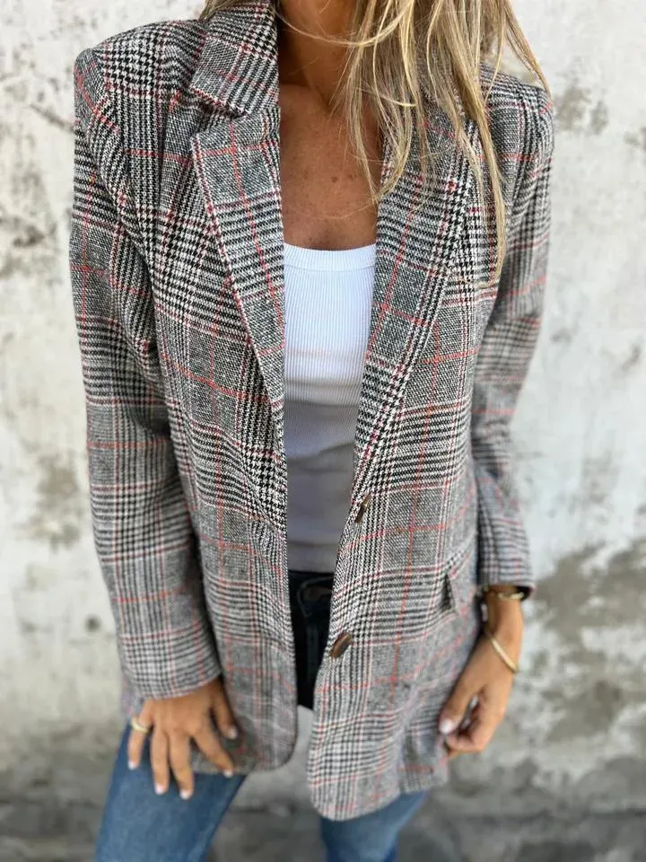 Autumn Winter Women Fashion Vintage Houndstooth Lapel Blazer Jacket - Image 4