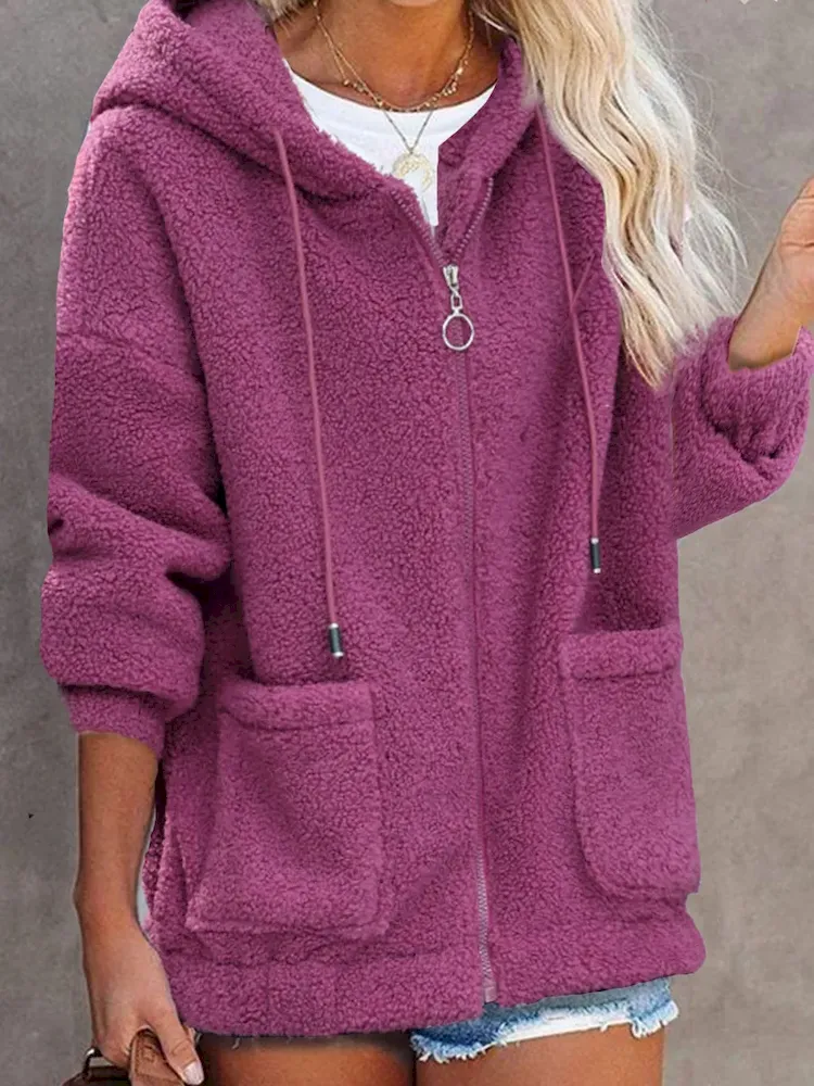Autumn Winter Women Fashion Plush Thickened Long Sleeve Zipper Pocket Hooded Jacket - Image 3