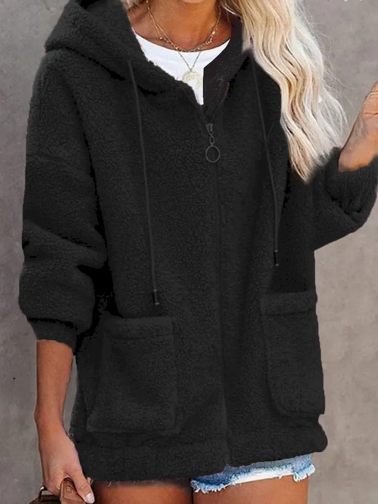 Autumn Winter Women Fashion Plush Thickened Long Sleeve Zipper Pocket Hooded Jacket - Image 4