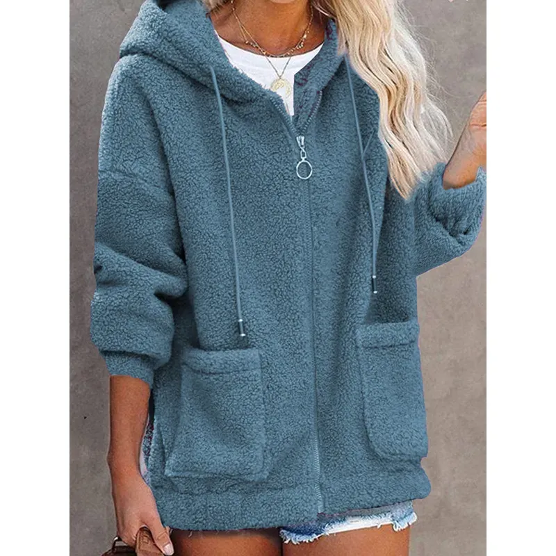Autumn Winter Women Fashion Plush Thickened Long Sleeve Zipper Pocket Hooded Jacket - Image 5