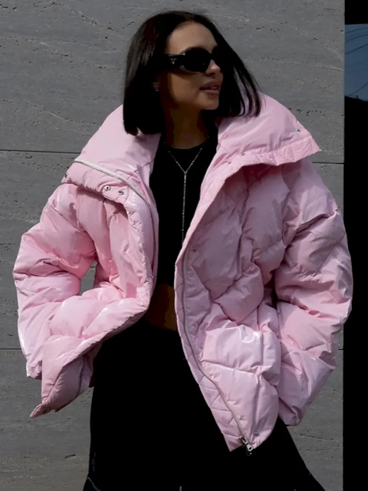 Autumn Winter Women Fashion Loose Matte Bright Lapel Rhombic Cotton Coat - Image 3