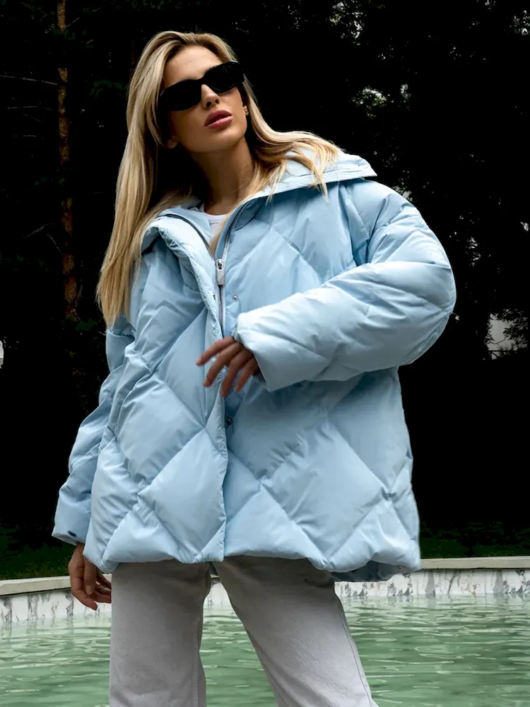 Autumn Winter Women Fashion Loose Matte Bright Lapel Rhombic Cotton Coat - Image 5