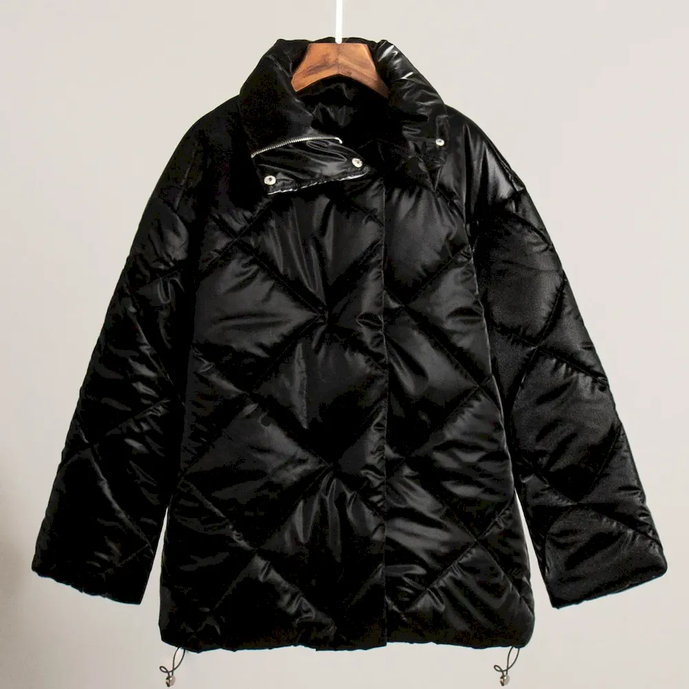 Autumn Winter Women Fashion Loose Matte Bright Lapel Rhombic Cotton Coat - Image 9