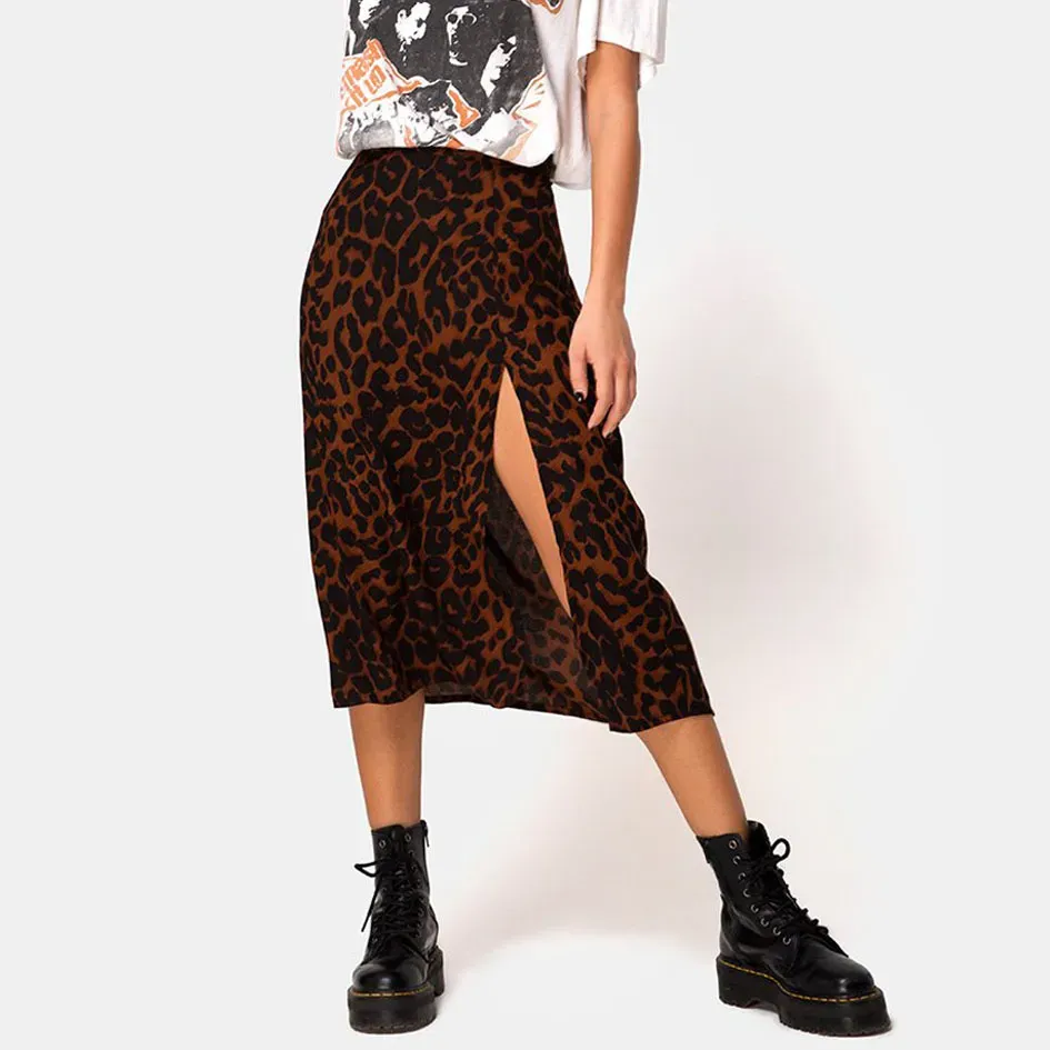 Floral Leopard Printed High Waist Stretch Split A- Line Skirt - Image 4