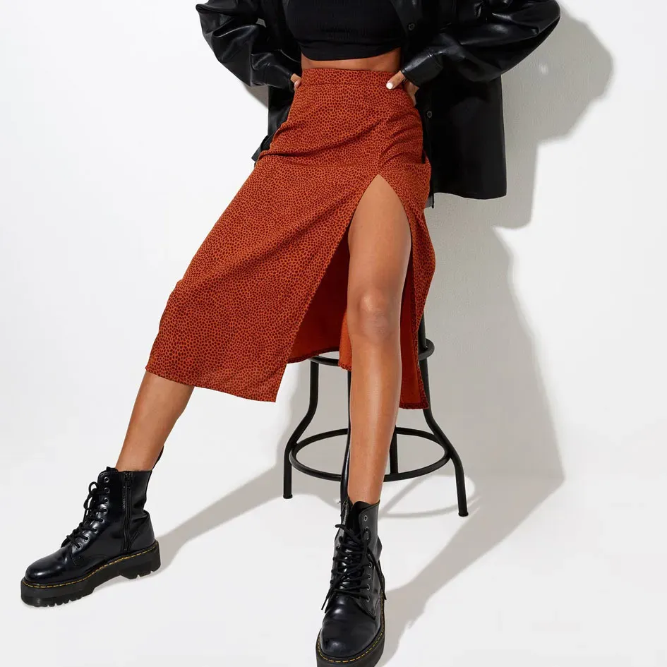 Floral Leopard Printed High Waist Stretch Split A- Line Skirt - Image 5