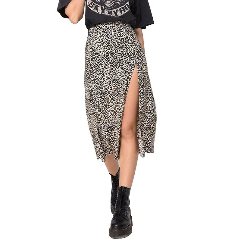 Floral Leopard Printed High Waist Stretch Split A- Line Skirt - Image 6