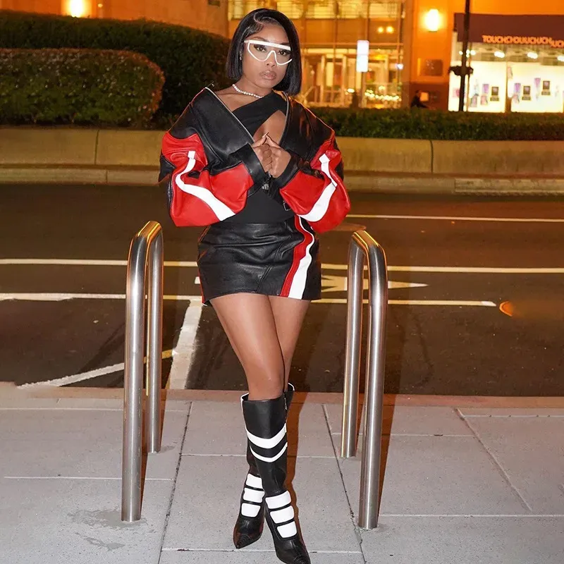 Autumn And Winter Women Fashion Motorcycle Color Contrast Slim Round Neck Pu Leather Jacket Coat - Image 4