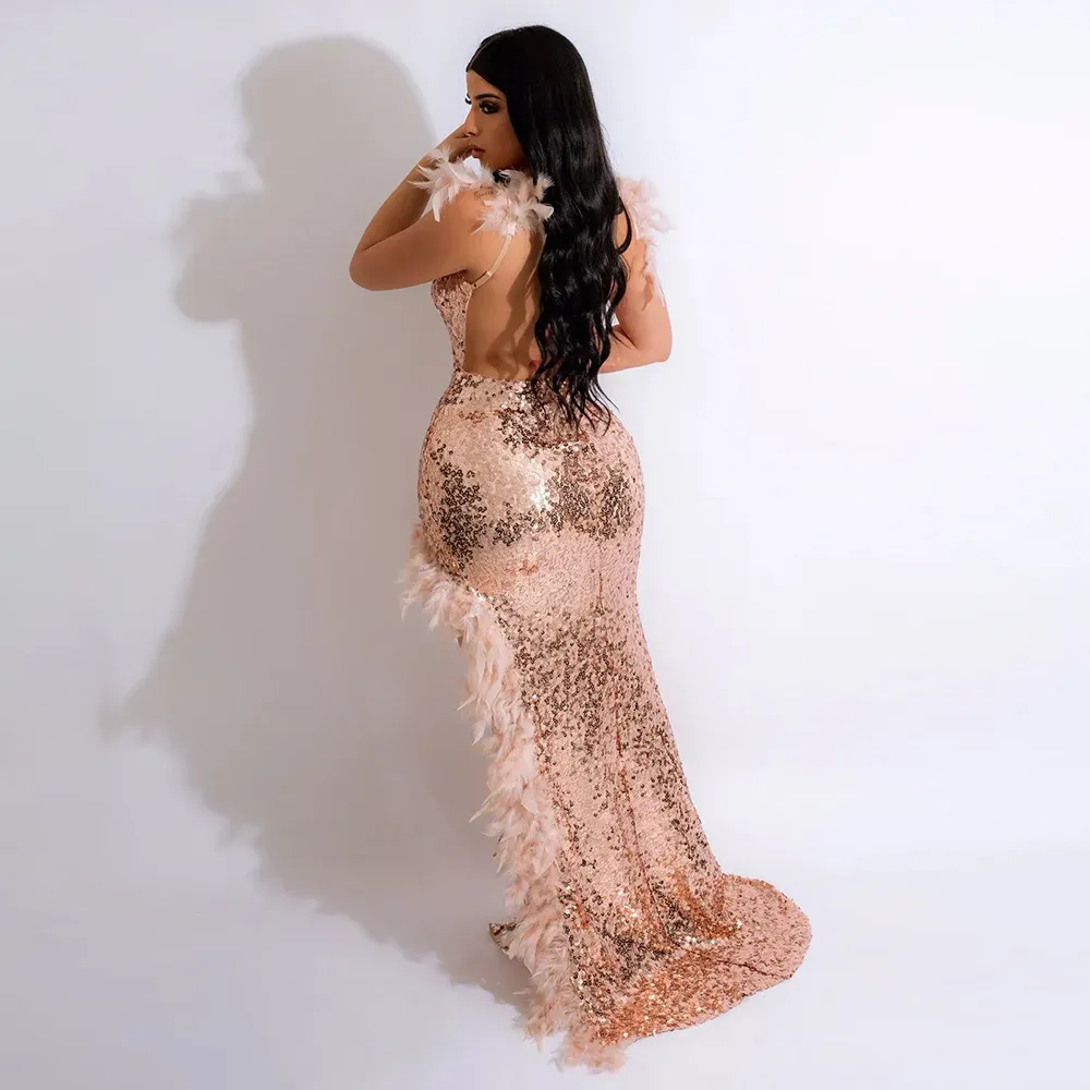 Sexy Feather Decor High Split Sequins Backless V-Neck Party Evening Formal Dress - Image 3