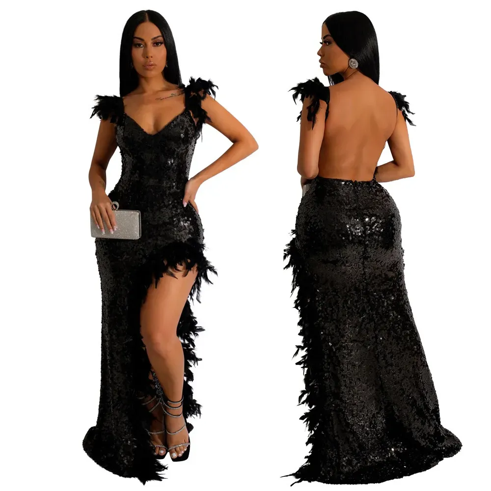 Sexy Feather Decor High Split Sequins Backless V-Neck Party Evening Formal Dress - Image 4