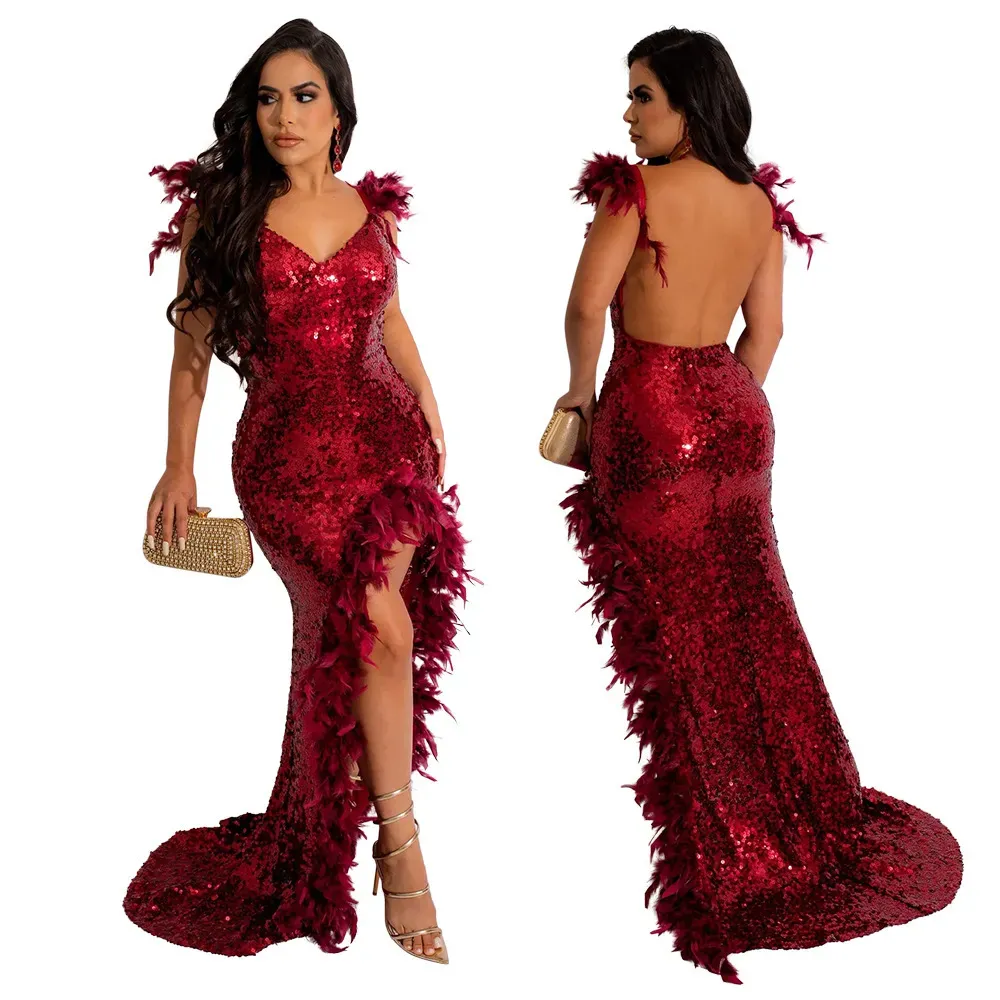 Sexy Feather Decor High Split Sequins Backless V-Neck Party Evening Formal Dress - Image 5