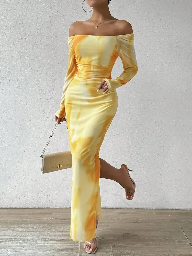 Women Sexy Shoulder Print Mesh Bodycon Maxi Dress - Image 4