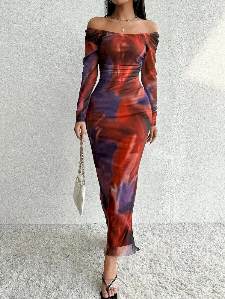 Women Sexy Shoulder Print Mesh Bodycon Maxi Dress - Image 8
