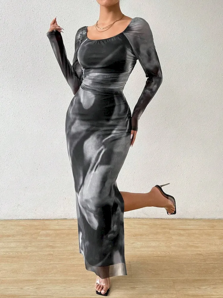 Women Sexy Shoulder Print Mesh Bodycon Maxi Dress - Image 12