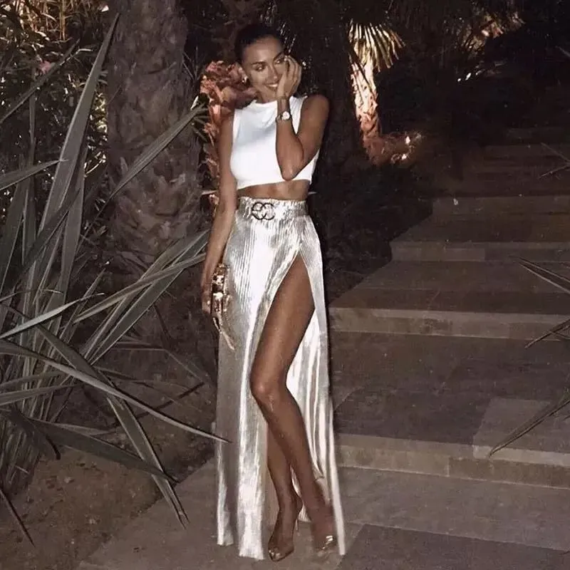 Women Fashion Sexy Solid Color Stripe Side Slit Skirt - Image 5