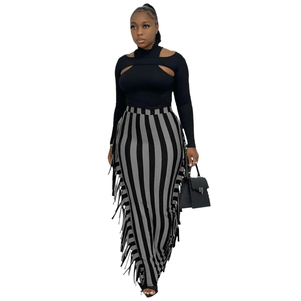 Women Fashion Slim-Fit Printed Stripe-Side Tassel Skirt - Image 4