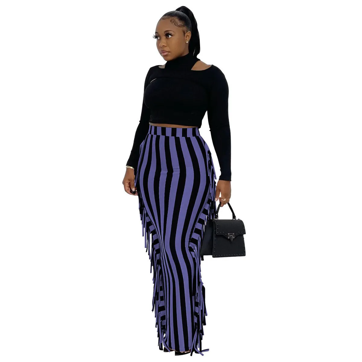 Women Fashion Slim-Fit Printed Stripe-Side Tassel Skirt - Image 8